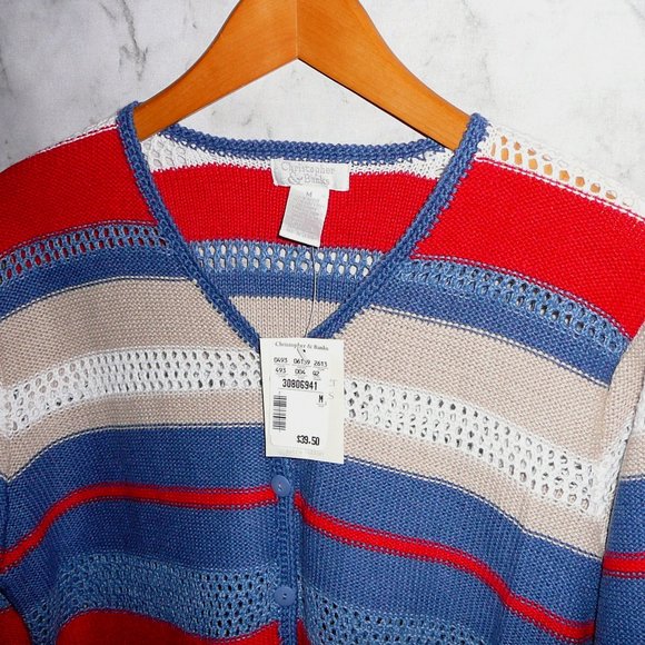 Cardigan Sweater Cotton Red Blue Striped M NWT - Picture 6 of 8